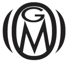 A black and white logo with the letter m in the center