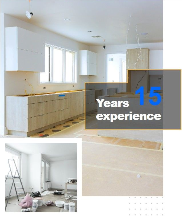 Kitchen remodel in progress; white cabinets, wooden base cabinets, text overlay: 