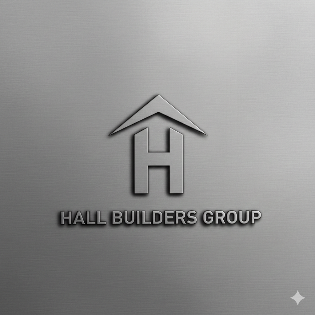 Hall Builders Group logo: Silver "H" with house roof above, on gray textured background. Text below: "HALL BUILDERS GROUP".
