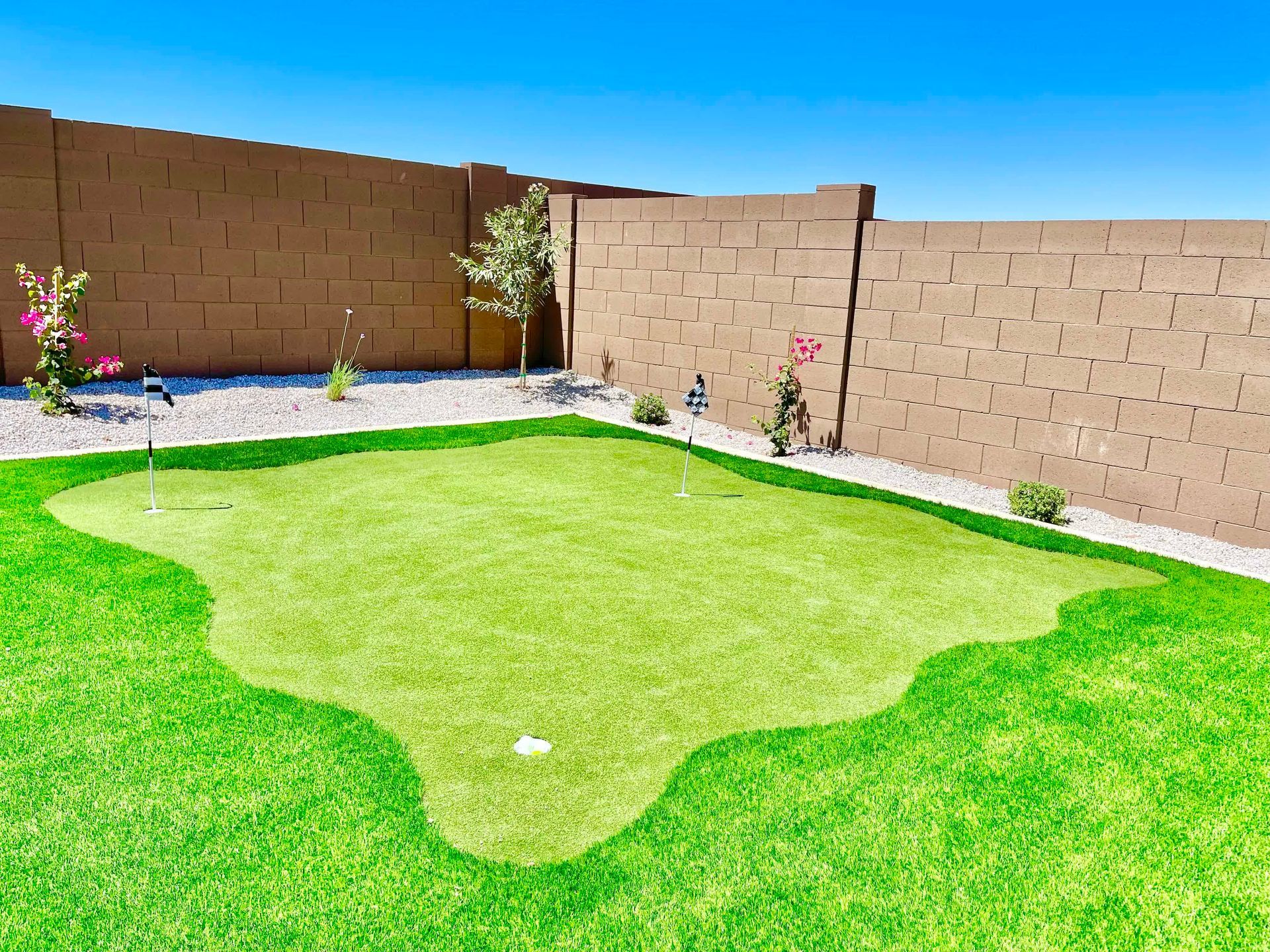 There is a small golf course in the middle of the backyard.