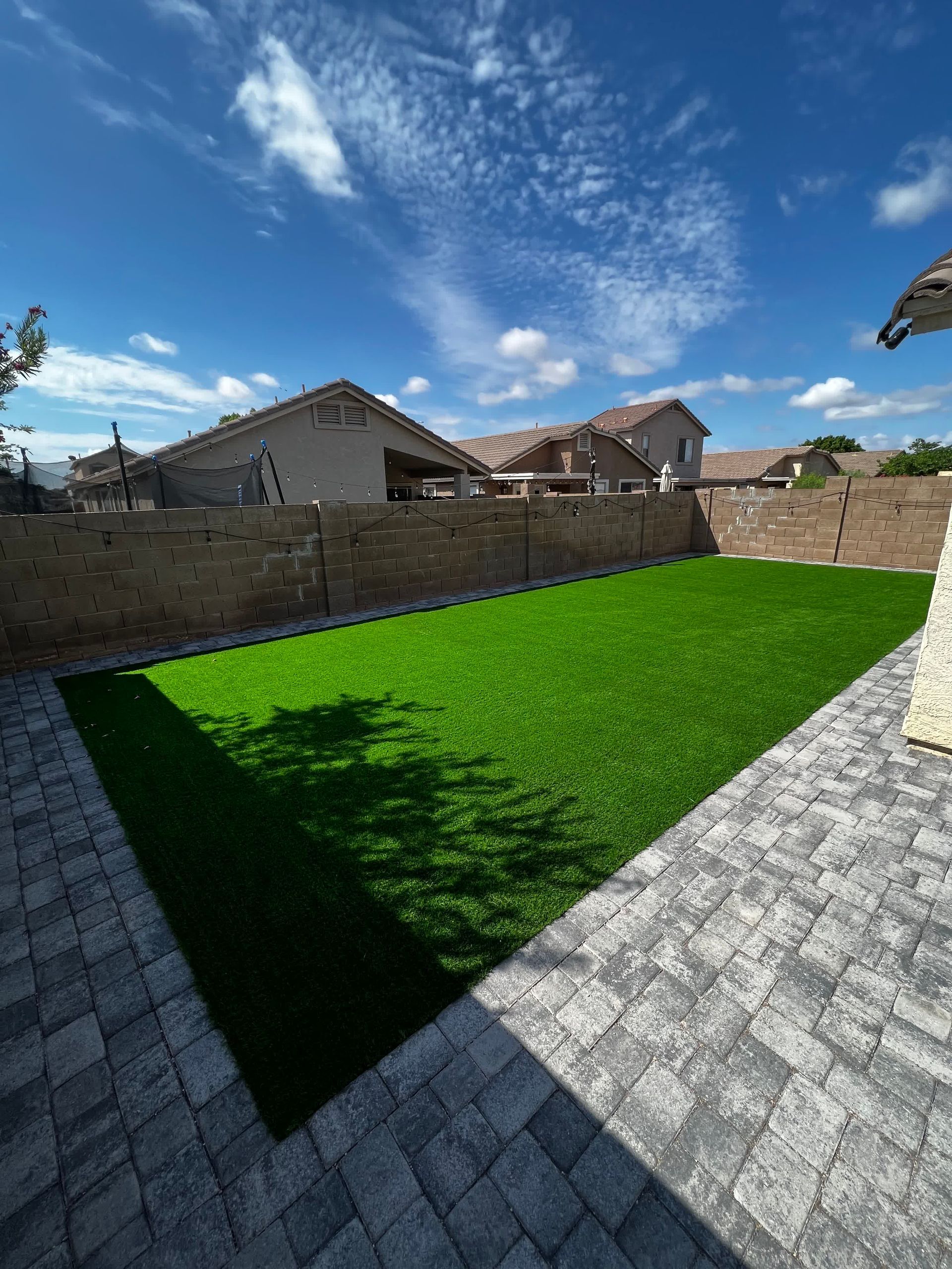 There is a large lawn in the backyard of a house.