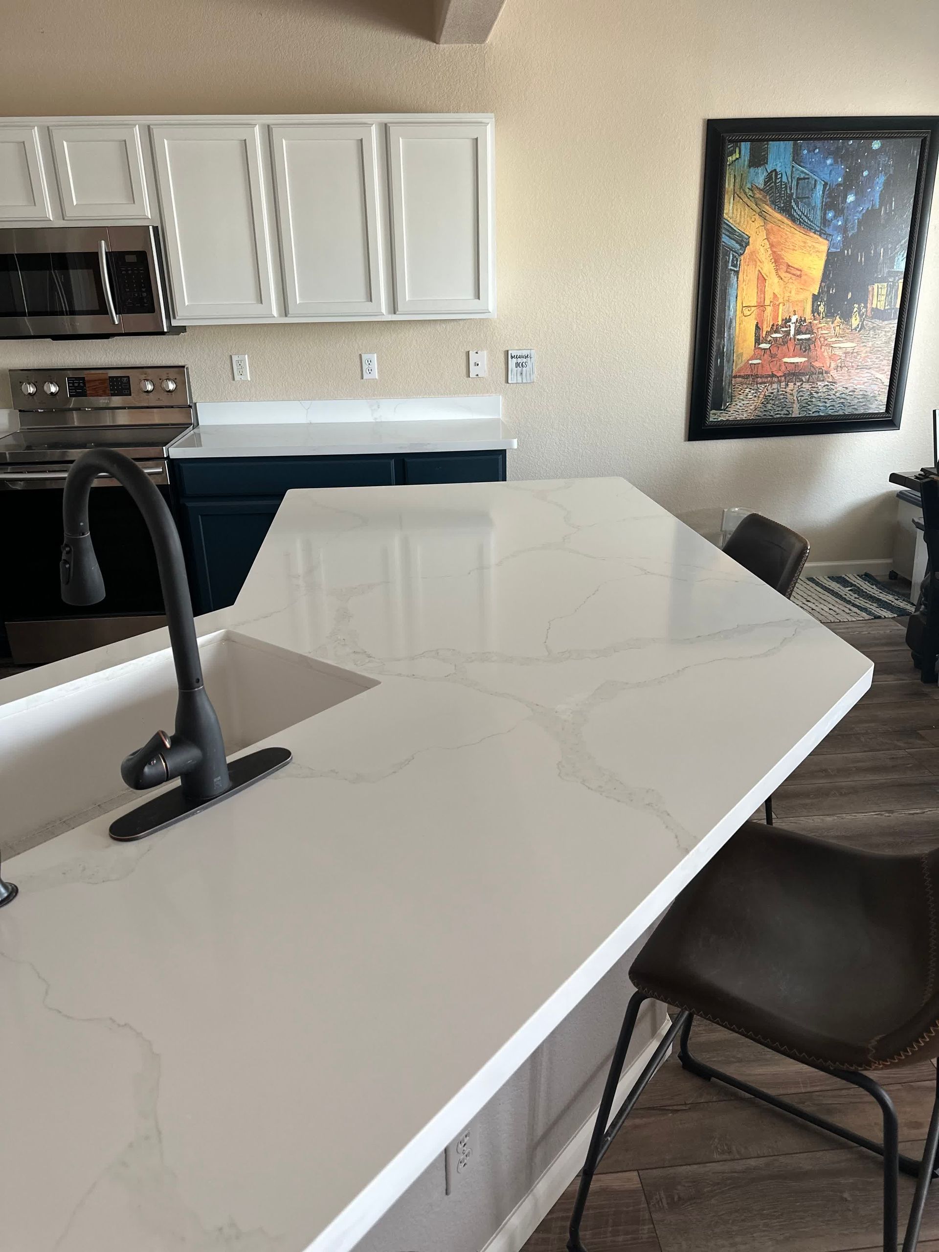 A kitchen with a sink and a picture on the wall