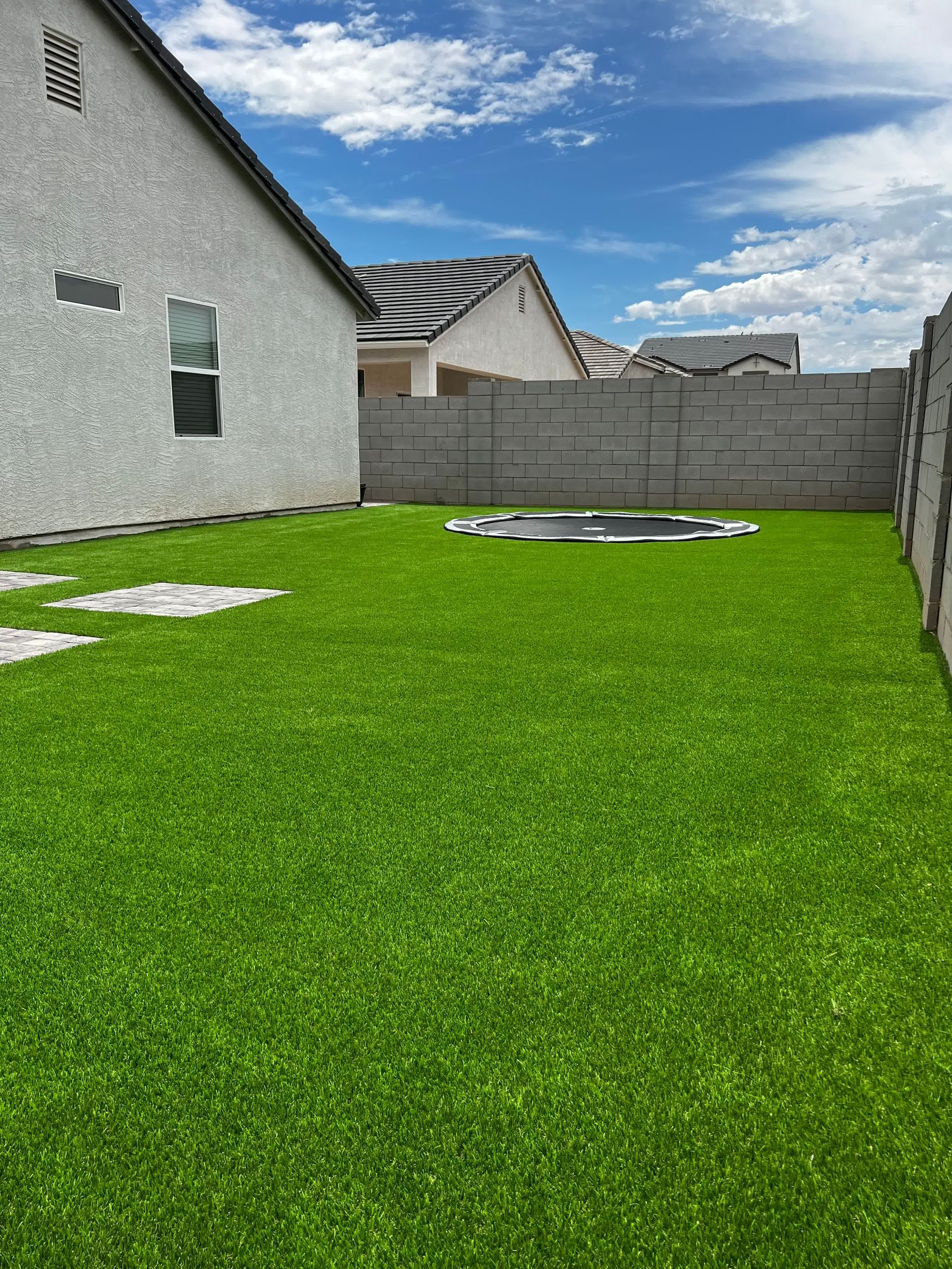 A backyard with a lot of green grass and a house in the background.