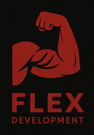 A red flex development logo with a muscular arm on a black background.
