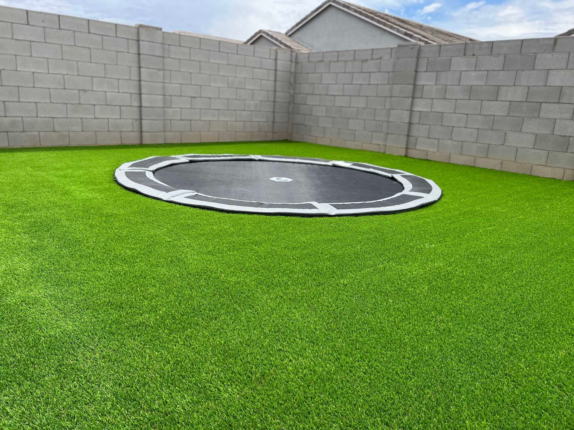 A trampoline is sitting on top of a lush green lawn in a backyard.
