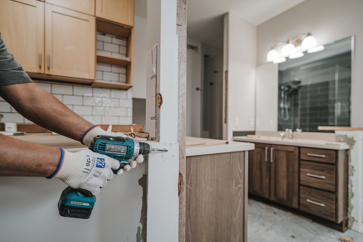 A man is using a drill in a bathroom.