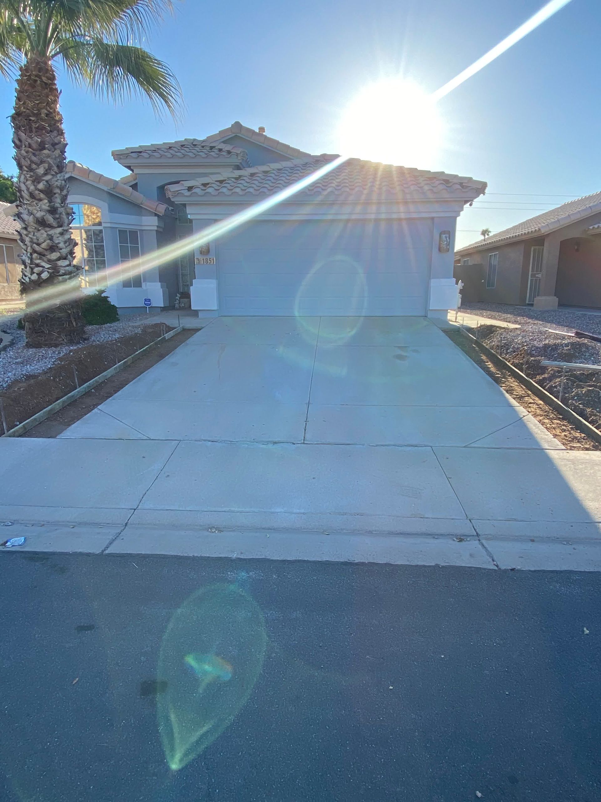 A house with a driveway and a palm tree in front of it.