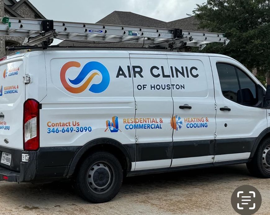 A white van with the words air clinic of houston on it