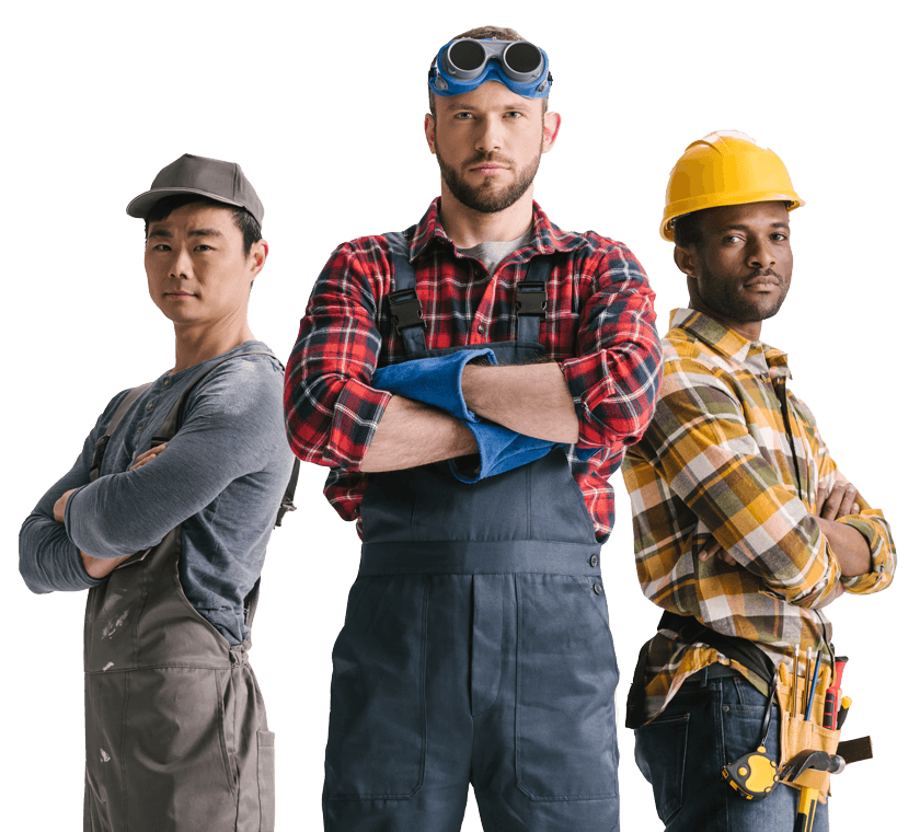 Three construction workers are standing next to each other with their arms crossed.