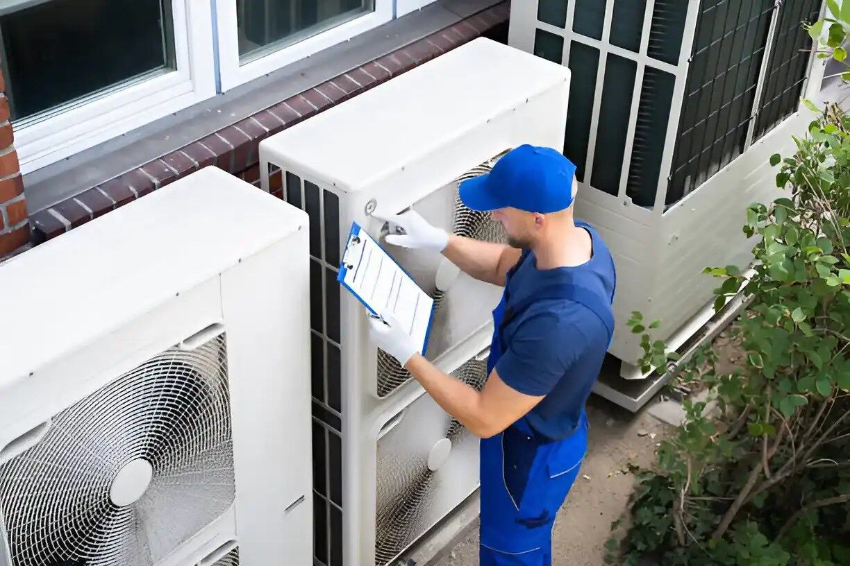 A man is working on an air conditioner outside of a building.