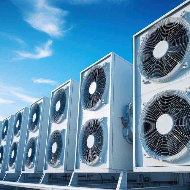 A row of air conditioners are lined up in a row against a blue sky.