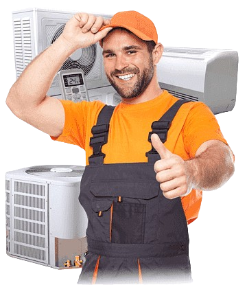 A man is giving a thumbs up in front of an air conditioner.