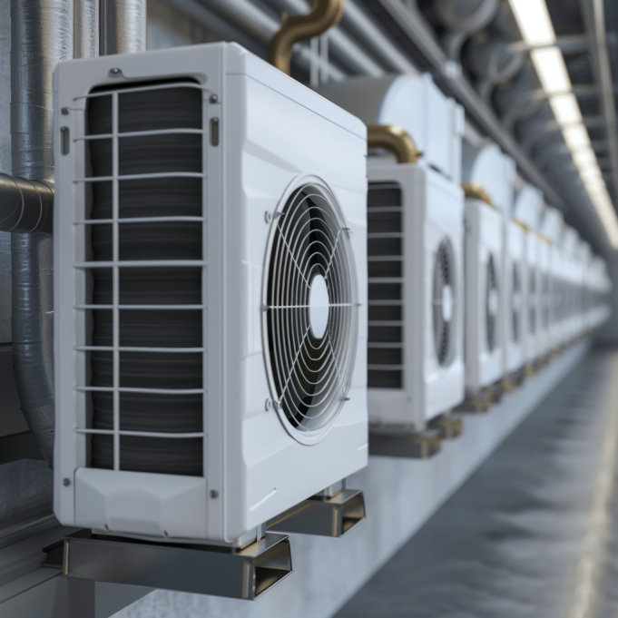 A row of air conditioners are lined up on a wall