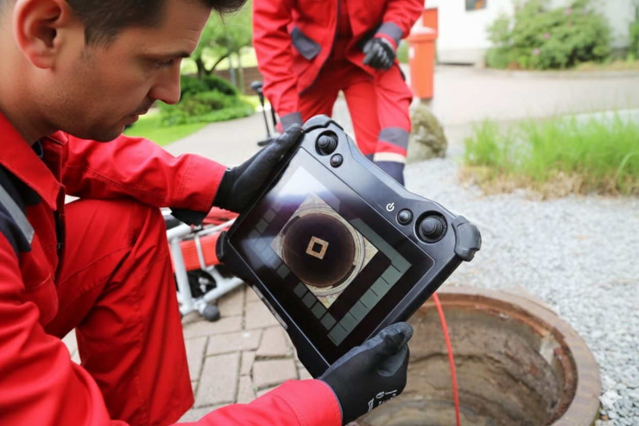 Man in red jumpsuit inspects sewer with a tablet, other worker in background.
