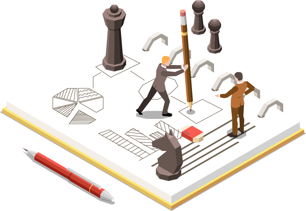 an isometric illustration of a man holding a pencil over a chess board