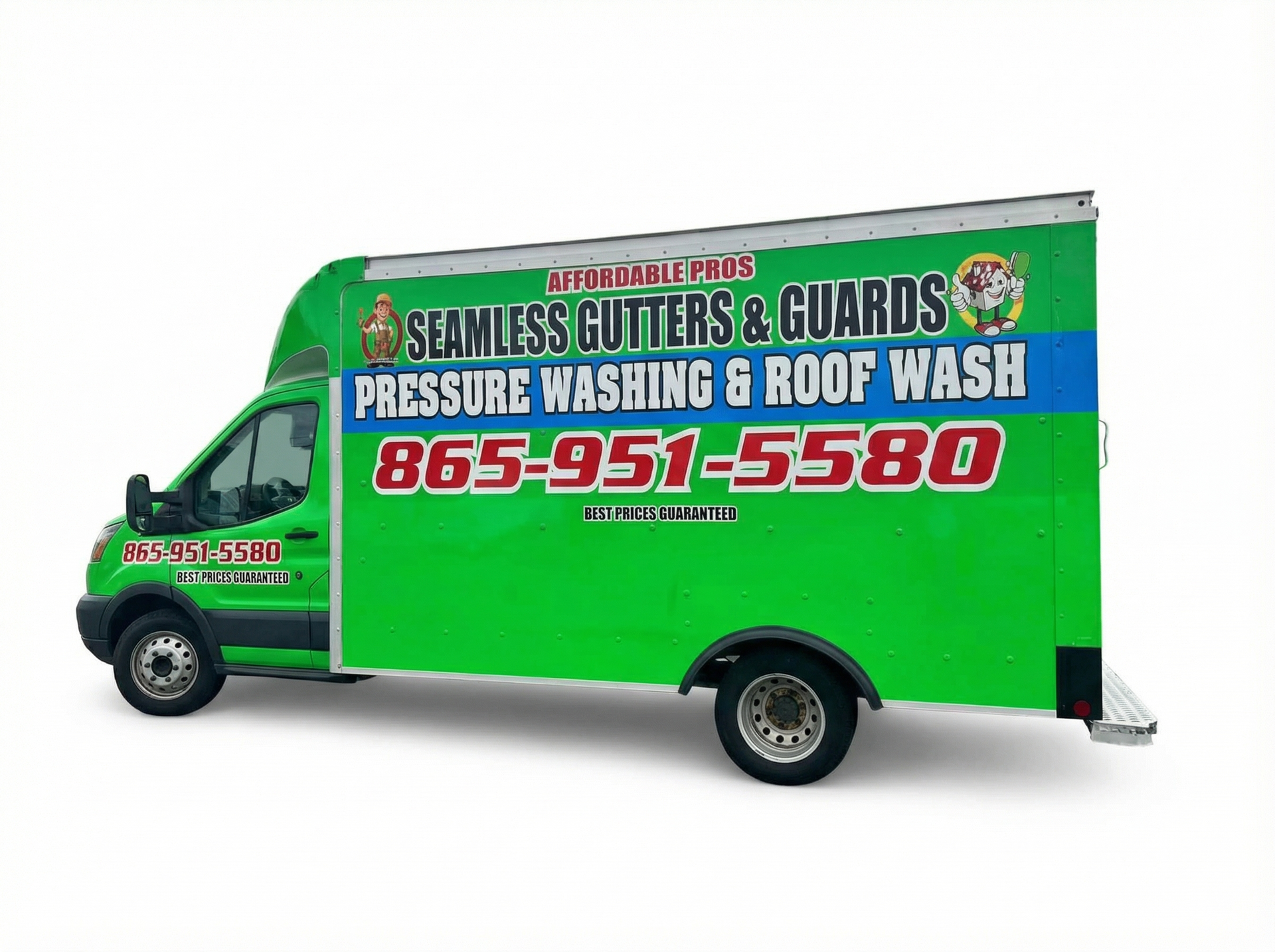 Green commercial truck with seamless gutters and pressure washing and roof wash signage and phone number 865-951-5580