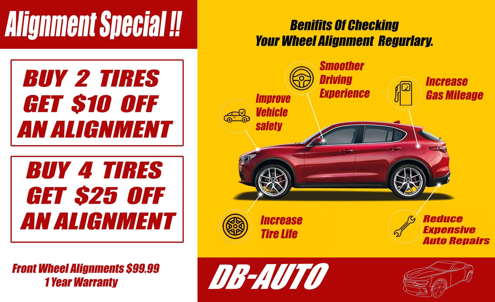 Advertisement for alignment special. Offers discounts on alignment with tire purchases, showing benefits. A red car is in the center.
