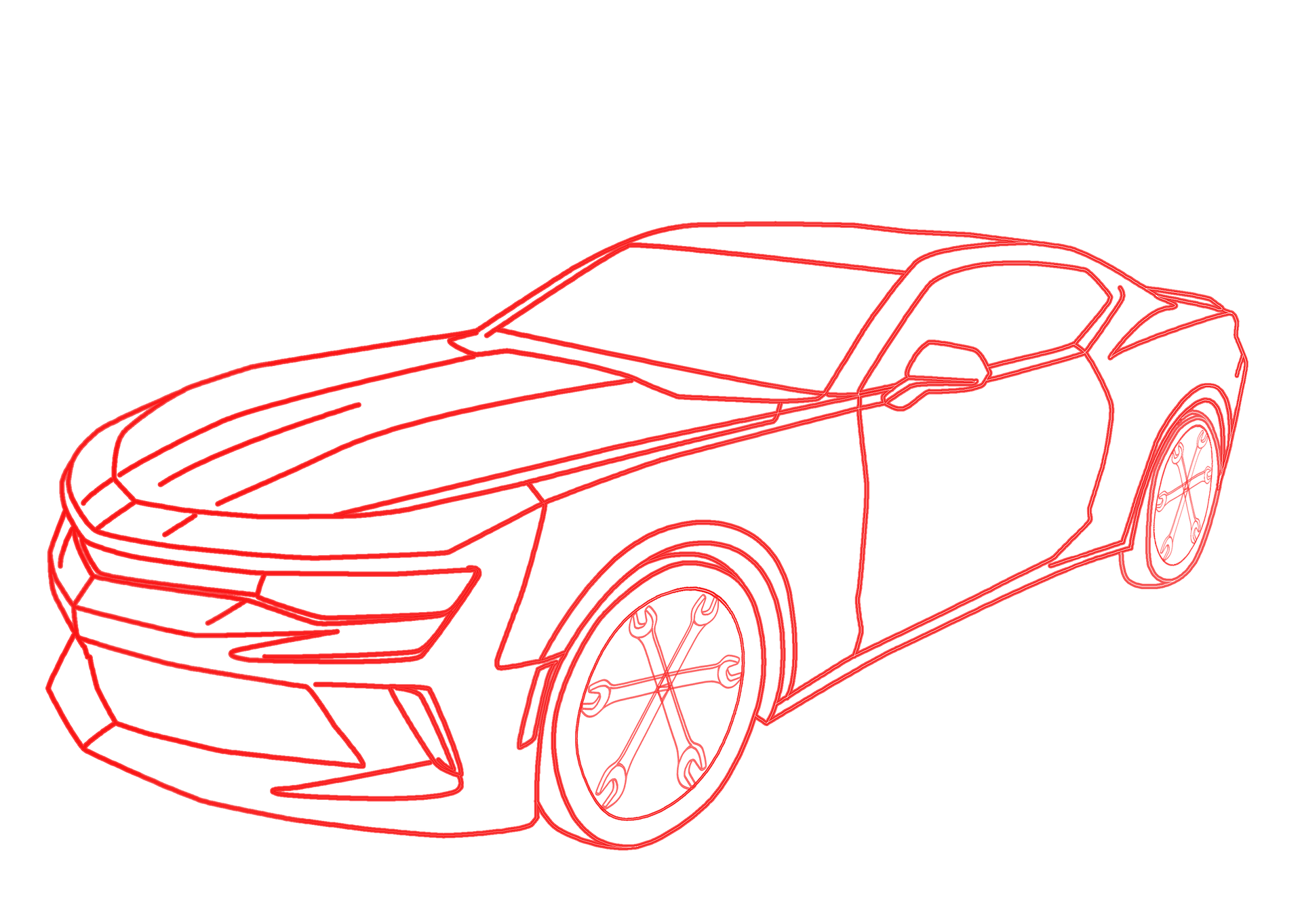 Red outline of a modern Chevrolet Camaro sports car.