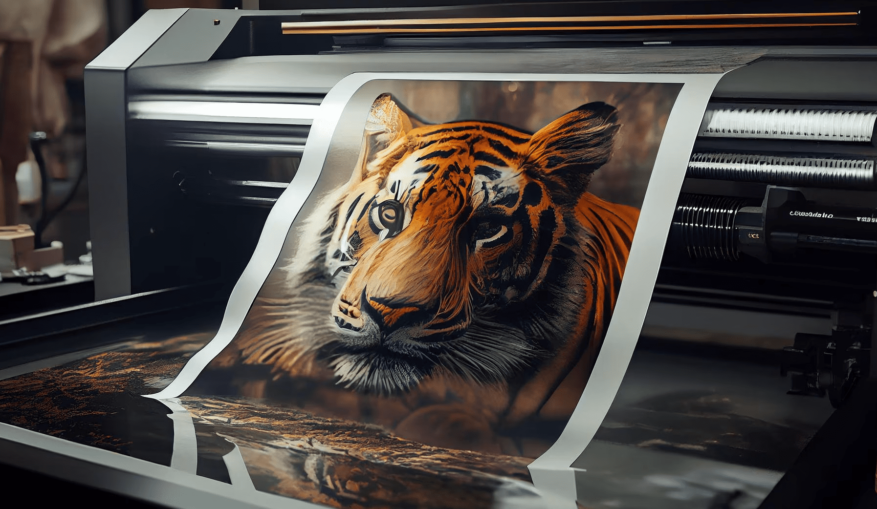 High-resolution poster of a tiger being printed on a large-format photo printer