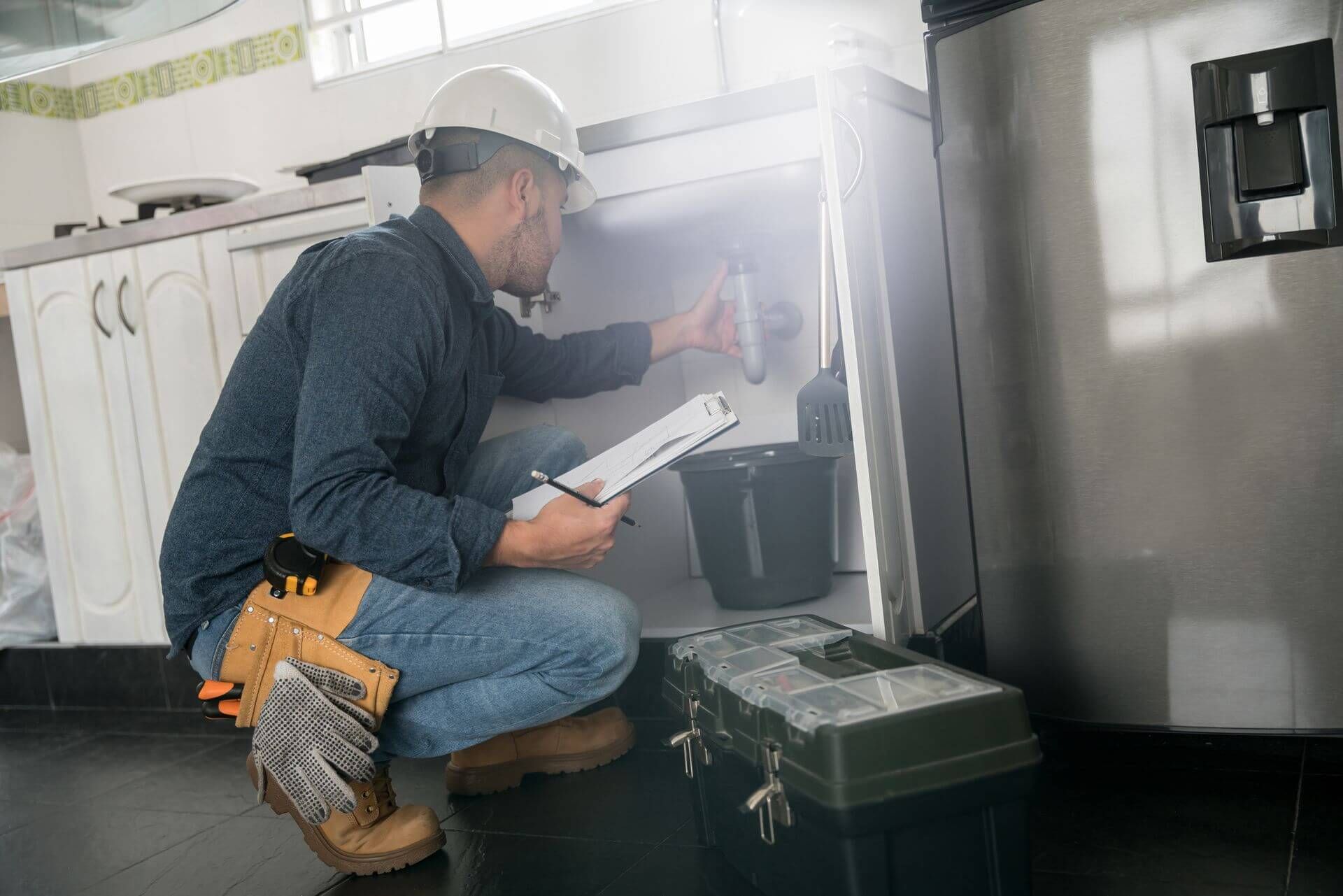 An emergency plumbing contractor, fixing a leak problem in the sink at a kitchen.