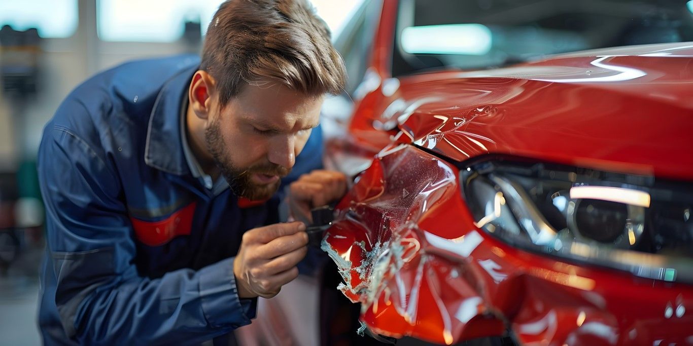 A man is wrapping a red car with plastic wrap.