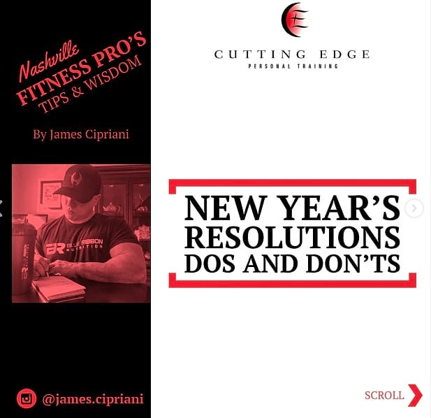 Fitness Pro's New Year's Resolution tips by James Cipriani. Black and red graphic.
