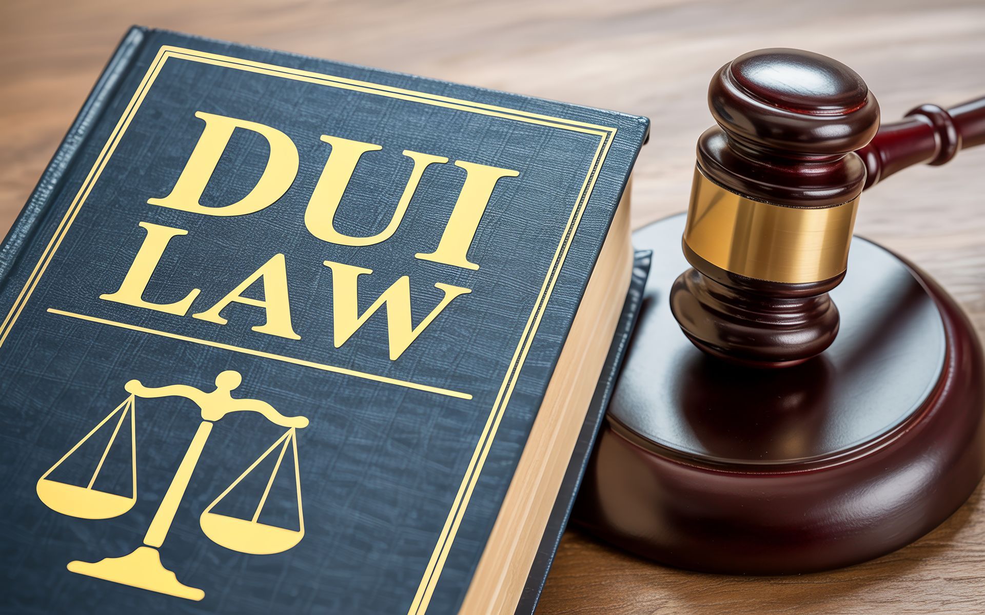 DUI traffic attorney legal concept featuring blue law book, golden scales of justice, and gavel.