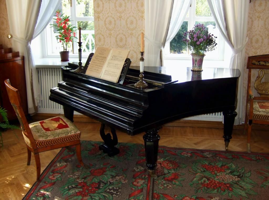 A black grand piano with sheet music sits in a sunlit room on a floral rug, with an antique chair nearby.