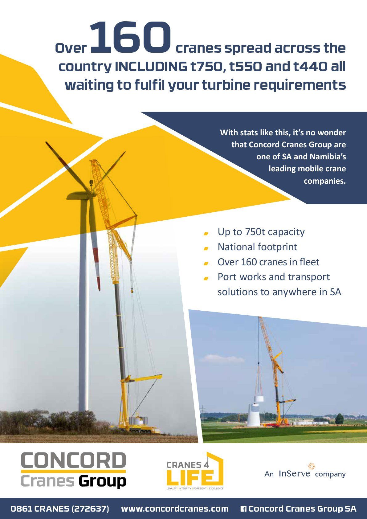 An advertisement for concord cranes group with 160 cranes spread across the country