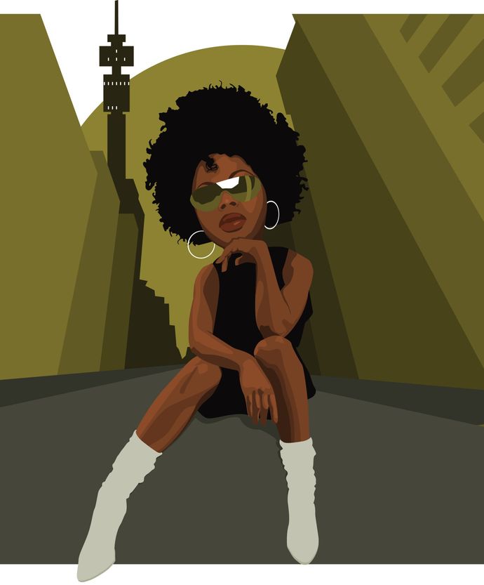 A pixel art of a woman wearing sunglasses and white boots