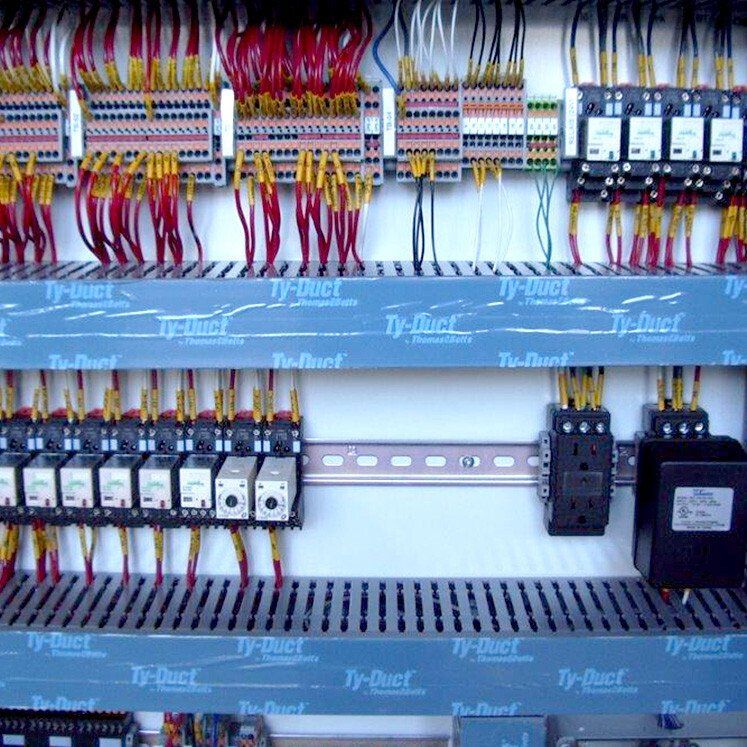 Tableau électrique avec fils, borniers et disjoncteurs.