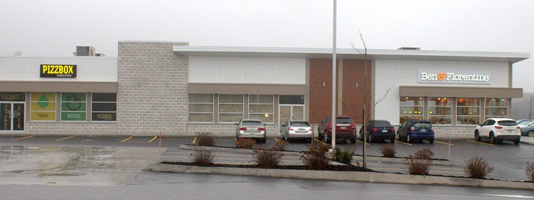Vue extérieure d'un centre commercial. On y voit un magasin Dollar Tree et un Kwik Trip. Des voitures sont garées devant.