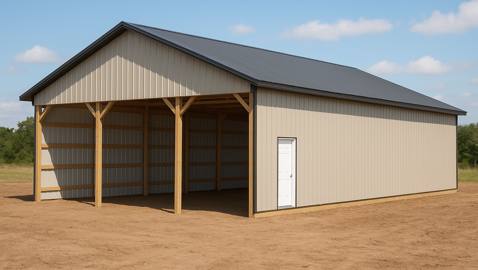 Tan metal pole barn with dark roof and open front, door, set in a field.