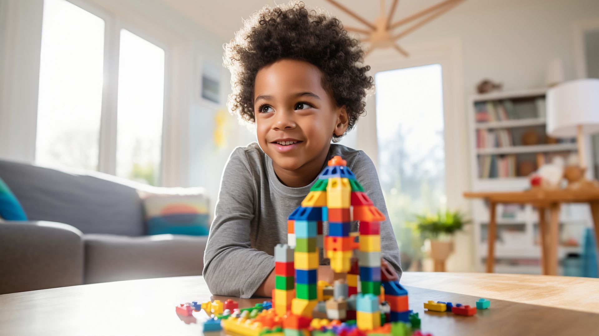 Boy with afro smiles, looking at a colorful building made of toy blocks on a table.