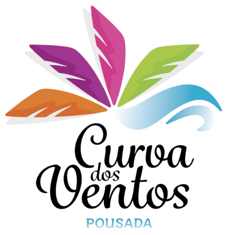 Logo for Curva dos Ventos Pousada, featuring colorful petals, a water wave, and cursive text.