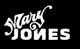 The mary jones logo is white on a black background.