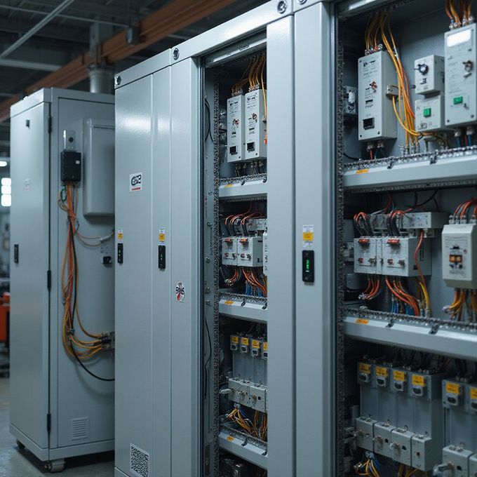 Quadri elettrici industriali con cavi e componenti esposti.