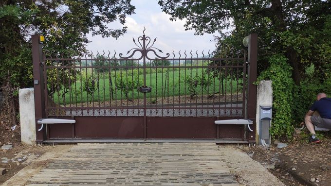 Un cancello decorativo in metallo marrone con dettagli elaborati. È automatizzato Bernicà da Bs Elettroservice di Boselli Giuliano