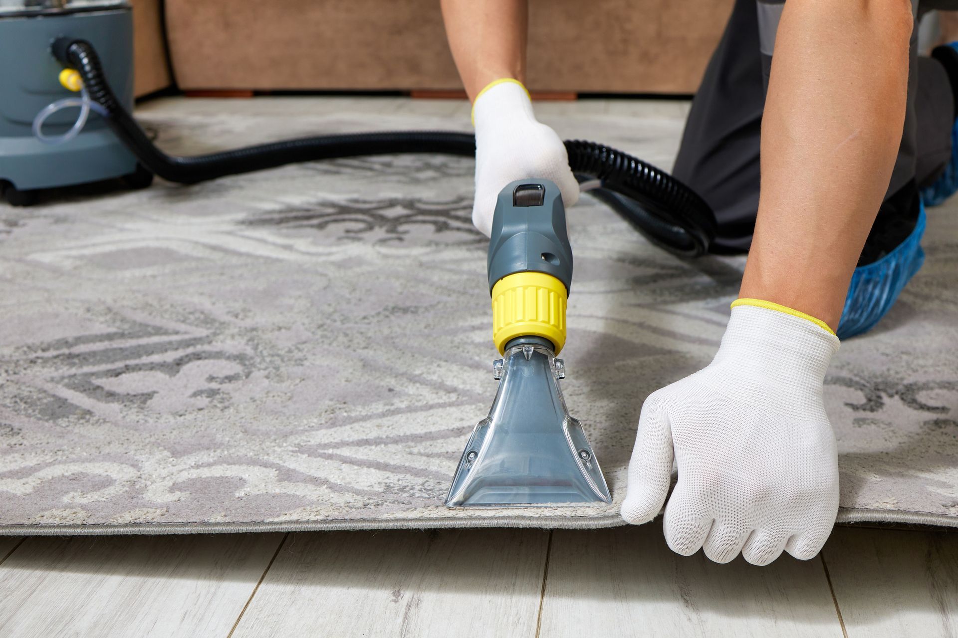 Person in white gloves using a carpet cleaning machine on a patterned rug, indoors.