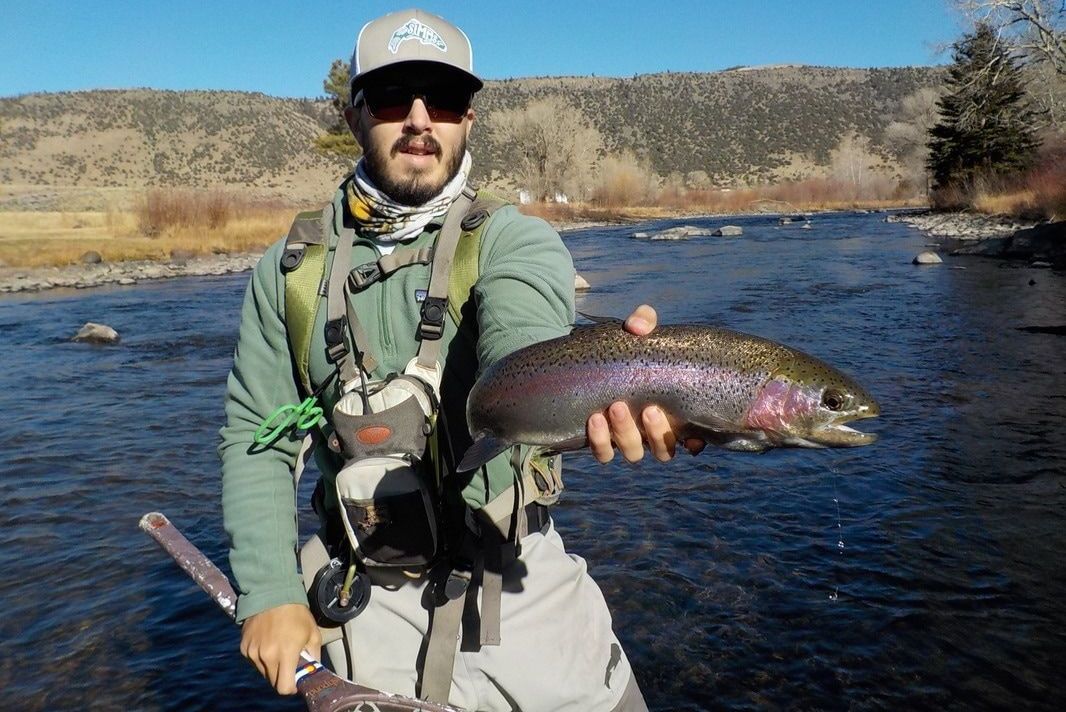 A man is holding a rainbow trout in his hands in a river.