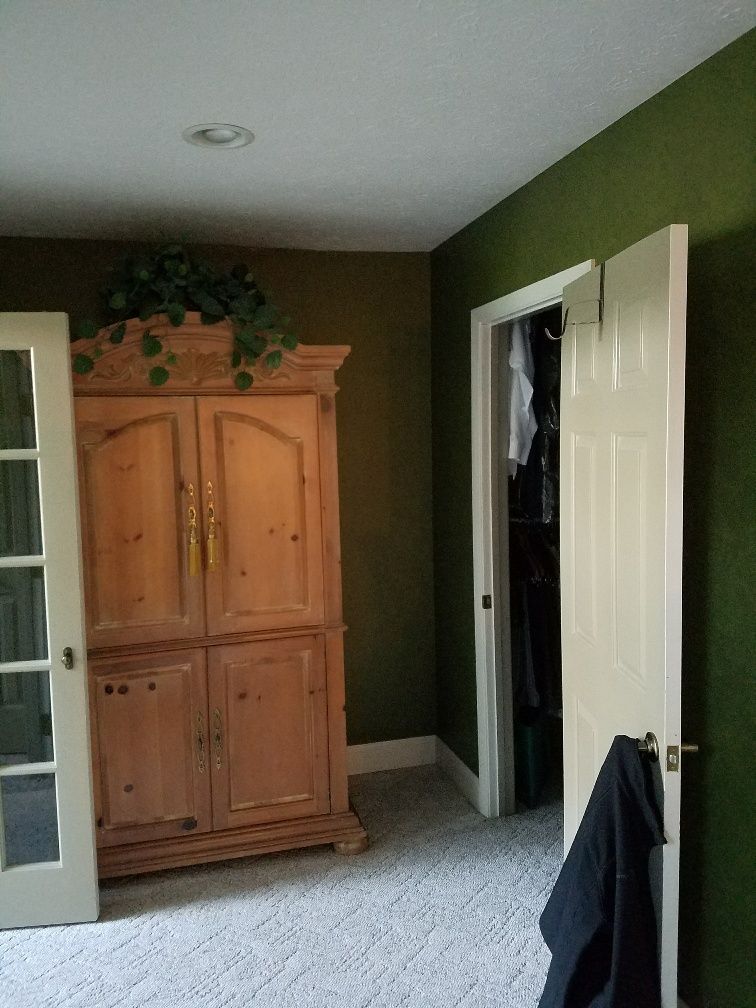 Wooden wardrobe in a room with green walls, white doors, and a closet.
