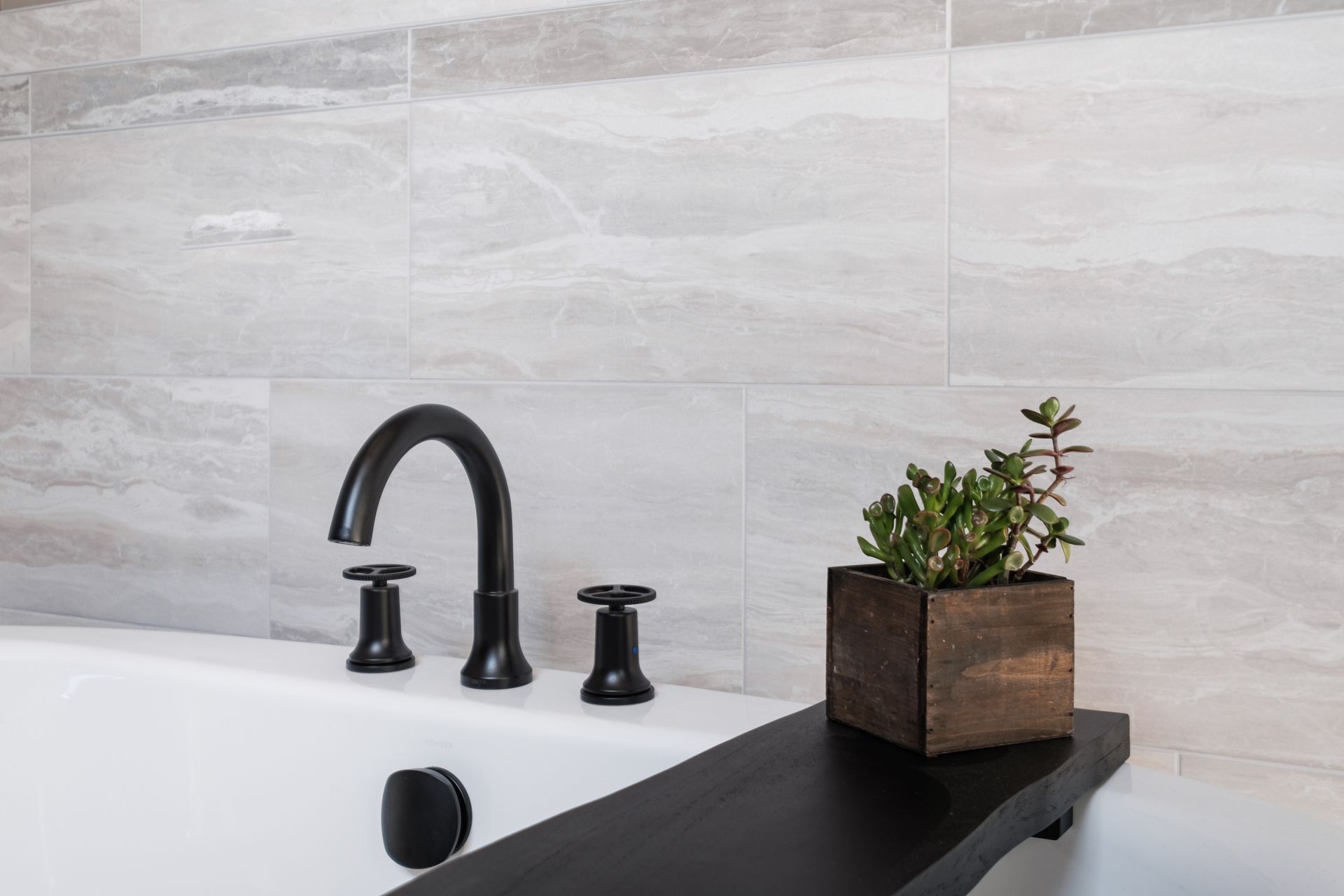 A bathtub with a black faucet and a potted plant on a shelf.