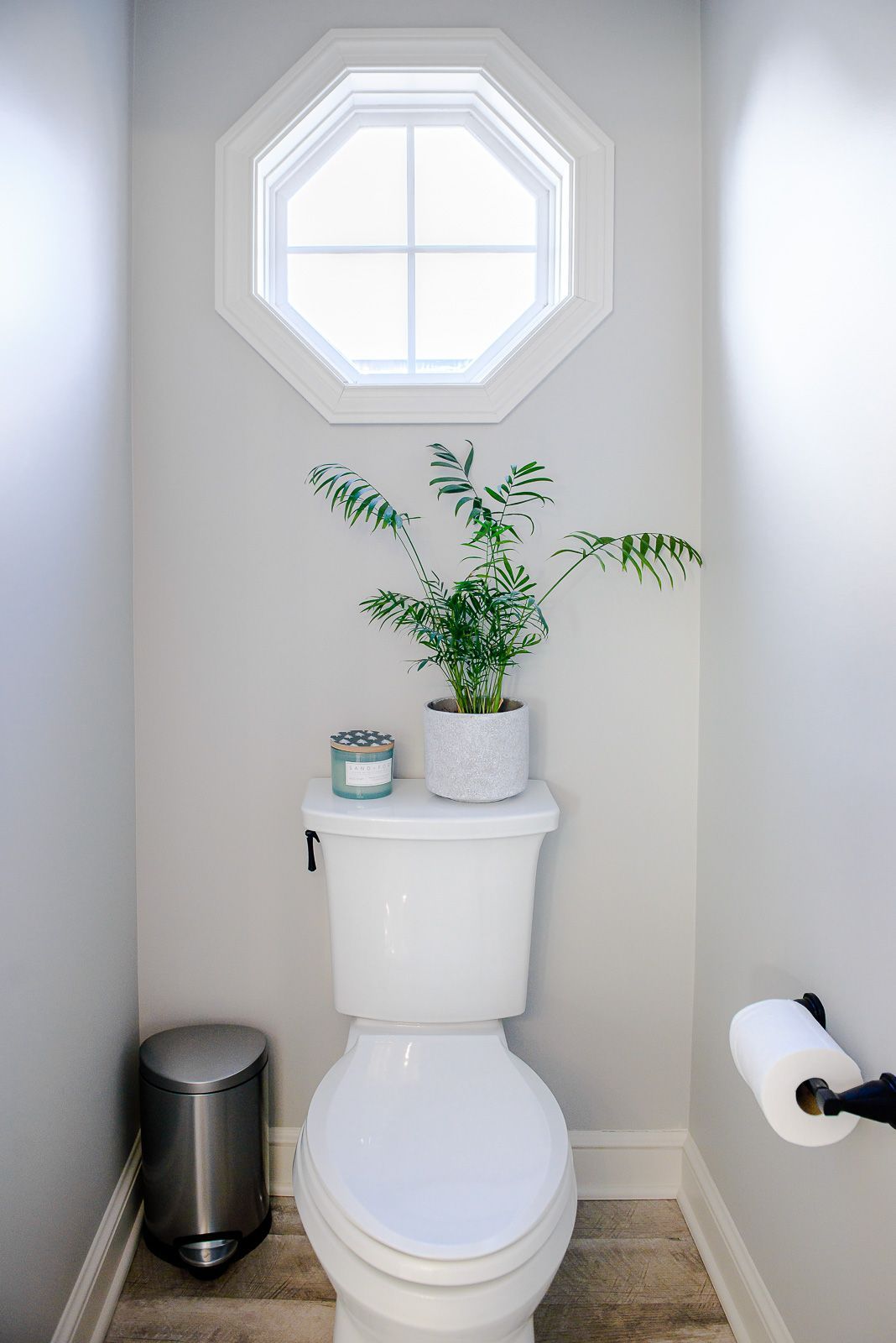 A toilet in a bathroom with a potted plant on top of it.