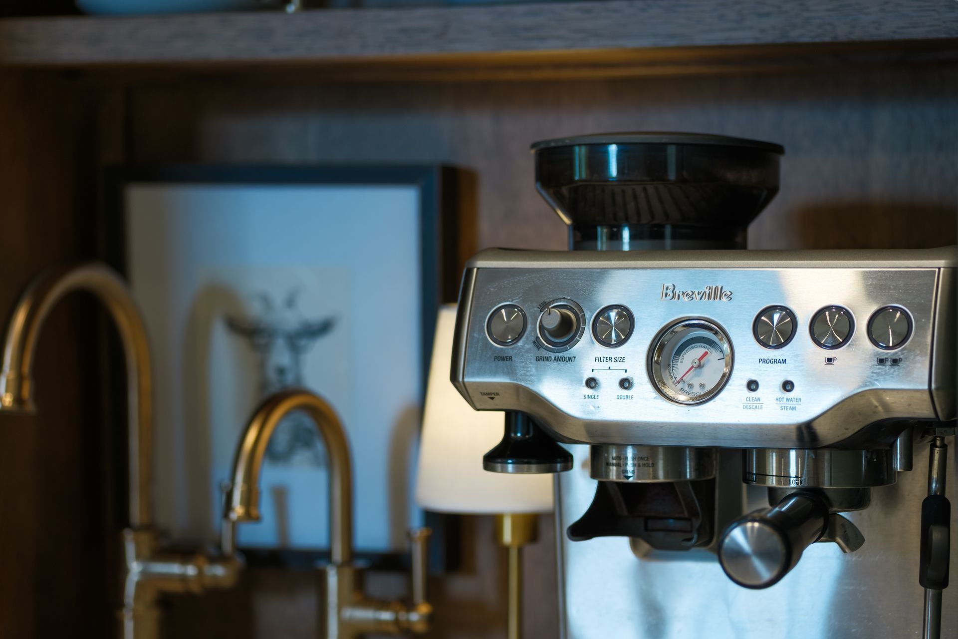 Espresso machine on counter next to a gold faucet and a framed picture.