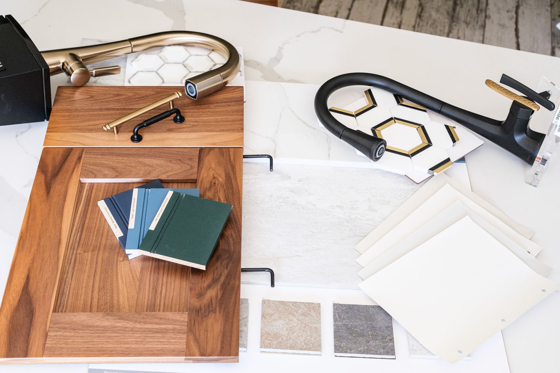 A table topped with a wooden cabinet , a faucet , and tiles.