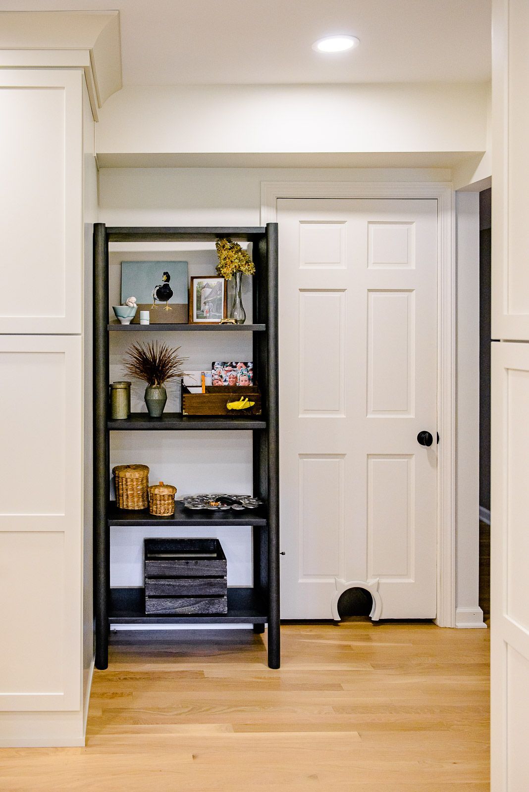 A cat is sitting in a doorway next to a shelf.