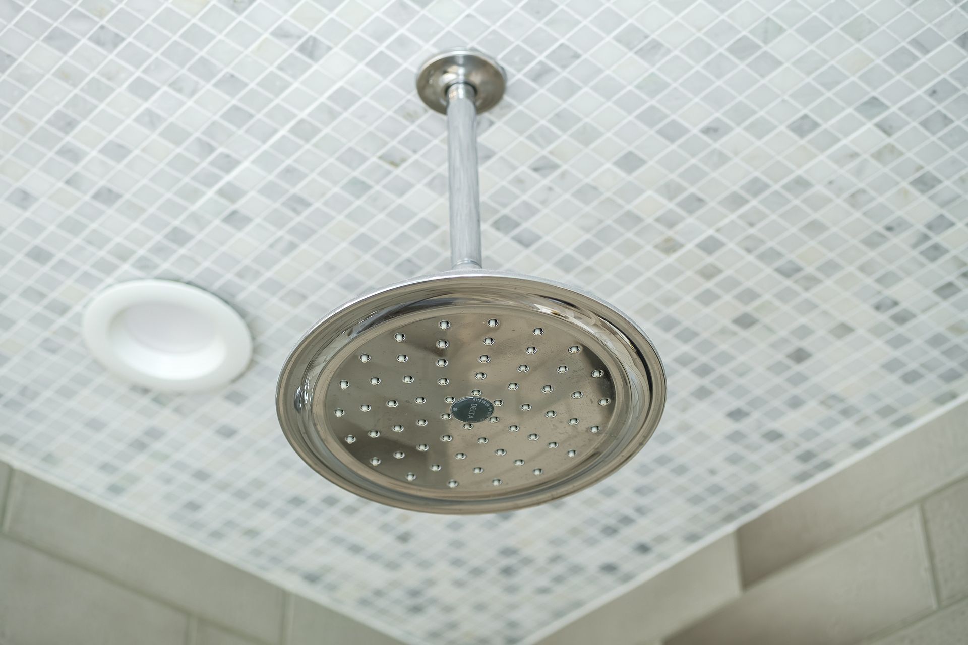 Ceiling-mounted chrome rain shower head. White and blue tile ceiling with recessed light.
