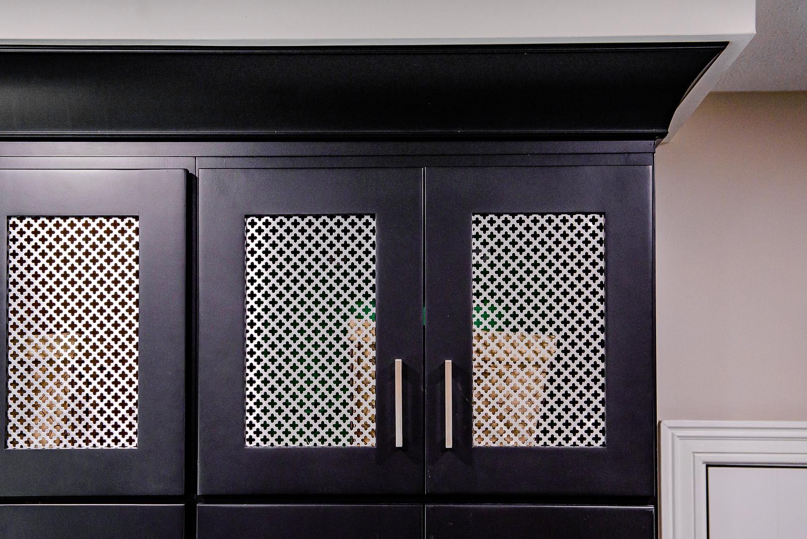 A close up of a kitchen cabinet with a mesh door