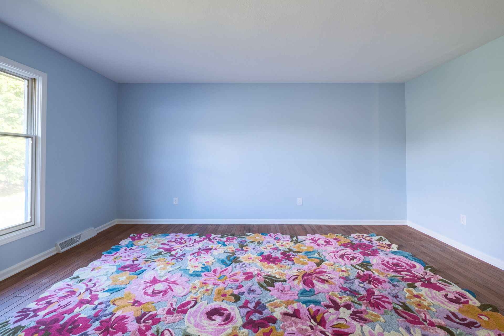 Empty room with blue walls, wood floor, and large floral rug. Window on left.