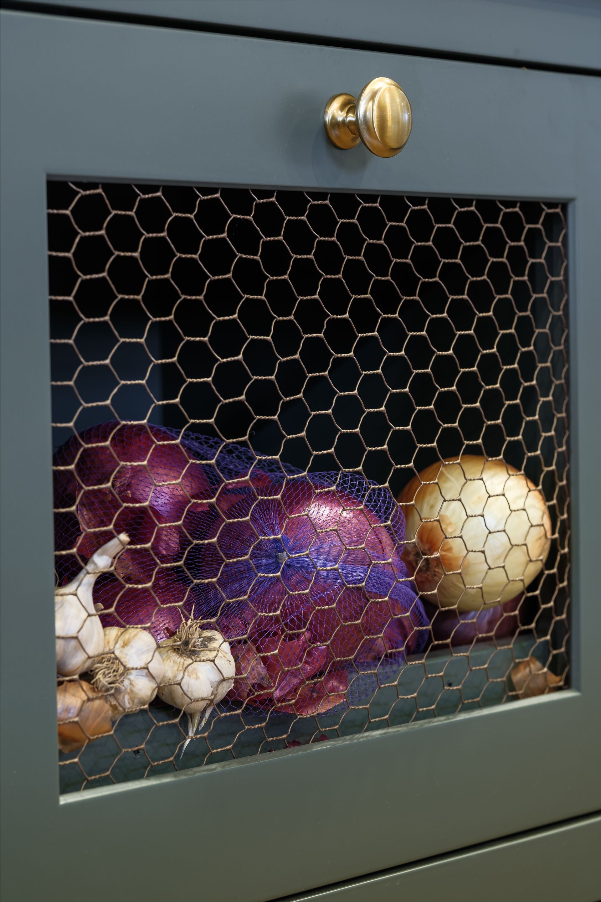 Onions and garlic are in a chicken wire cabinet